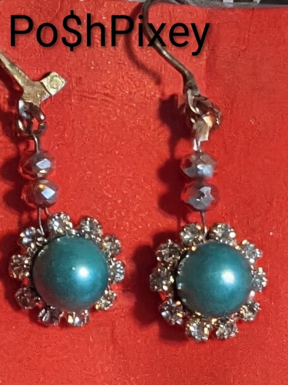 Teal Pearl Drop Earrings with Crystal Halo